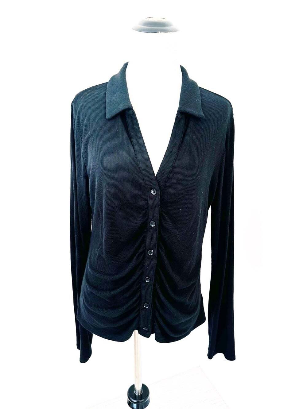 PAIGE Lafayette Size XL Black Ruched Top Button Down Dark Academia Preppy Casual - Picture 5 of 15